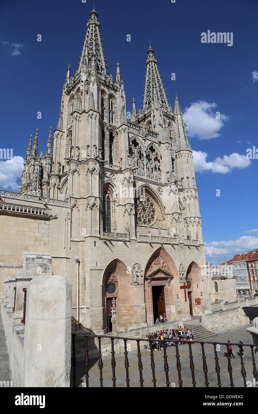 Spain. Burgos. Cathedral of Saint Mary. Gothic style. Facade of Saint Mary. Stock Photo