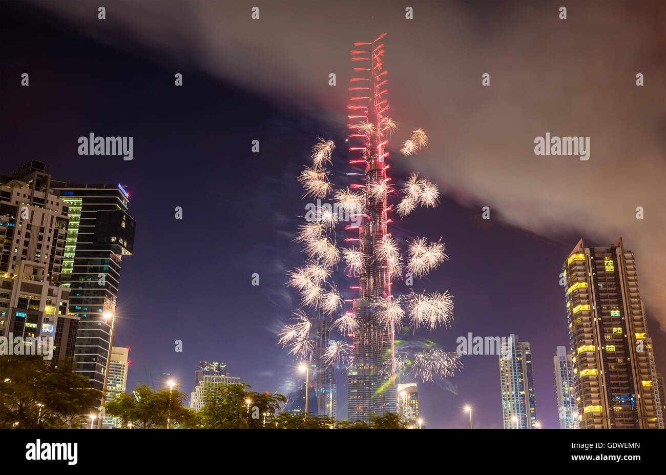 Fireworks from Burj Khalifa on New Year's Eve 2016, Dubai Stock Photo