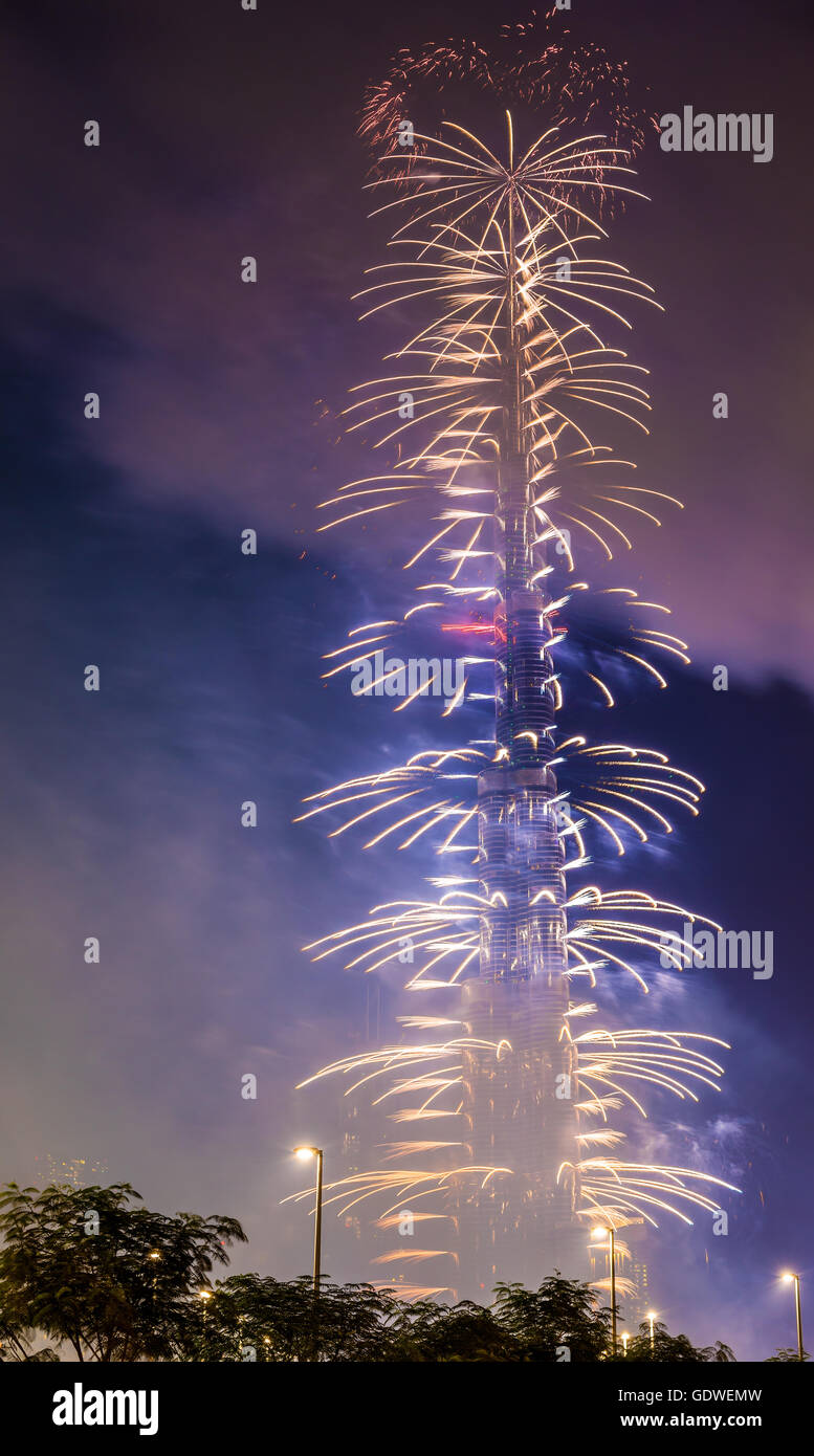 Fireworks from Burj Khalifa on New Year's Eve 2016, Dubai Stock Photo