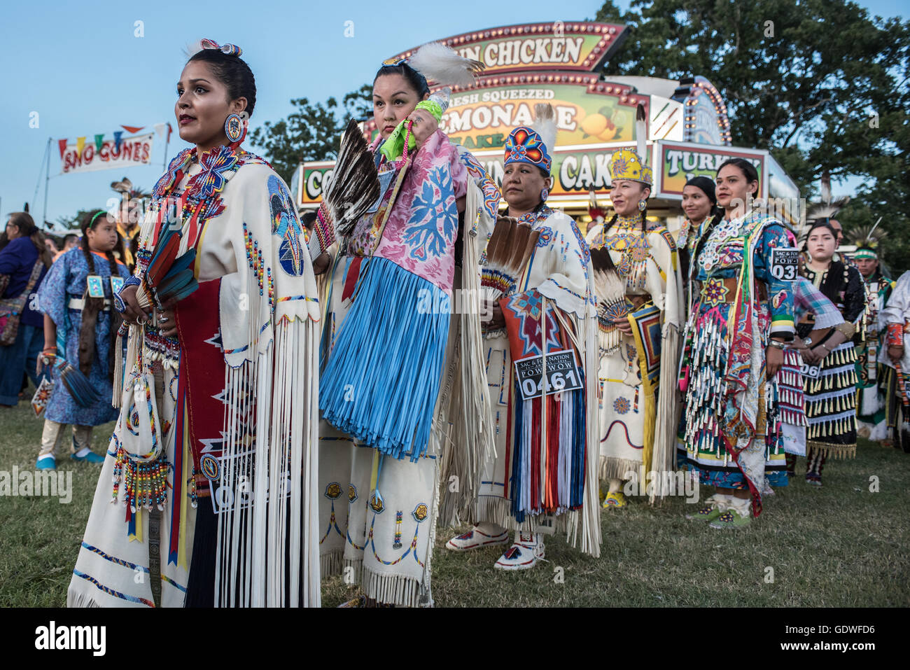 Native American women dancers performing during Sac & Fox nation Pow ...