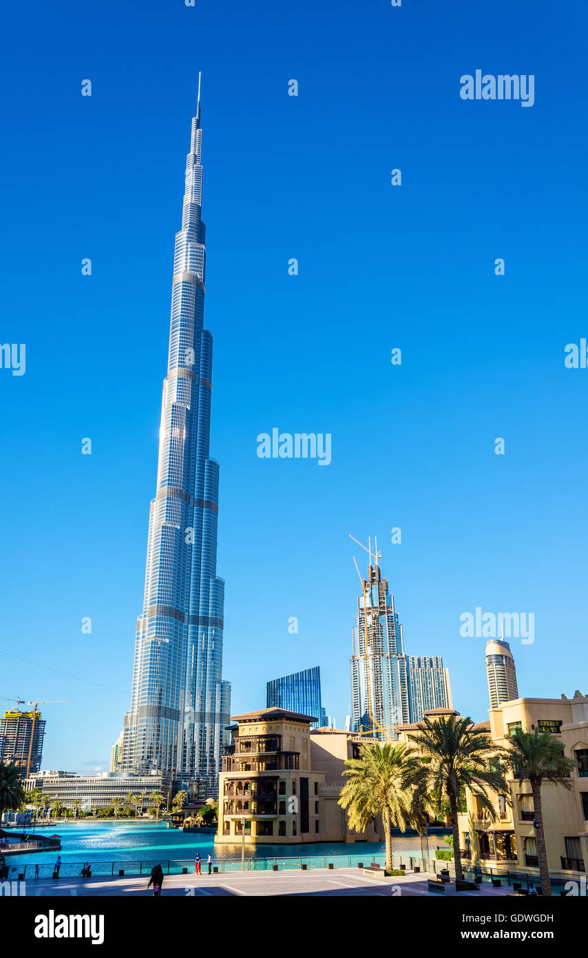 View of Burj Khalifa tower in Dubai, the UAE Stock Photo