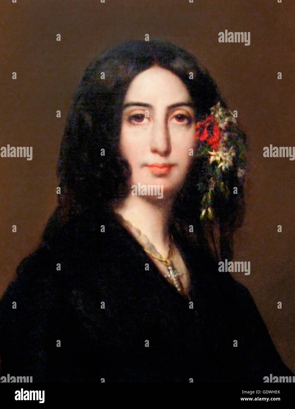 George Sand. Portrait of the French writer, George Sand (Amantine-Lucile-Aurore Dupin: 1804-1876), famous for her affair with the composer Frederic Chopin. From a portrait by Auguste Charpentier, 1838. Stock Photo