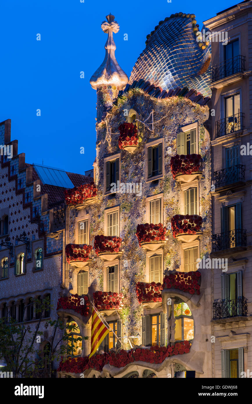 Night view of Casa Batllo beautifully adorned with roses, Barcelona, Catalonia, Spain Stock Photo