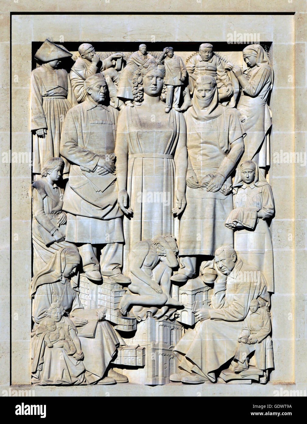 Reliefs of Joachim Costa on the facade of the old St. Charles Hospital rehabilitated dwelling residence in Montpellier, France. Stock Photo