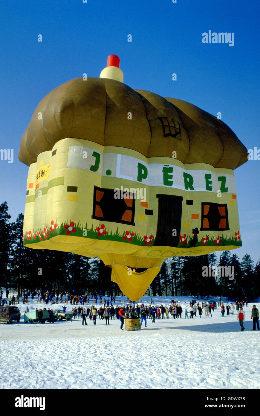 Flying cottage special shape hot air balloon at the Ottawa "Winterlude" Balloon Festival. Ottawa