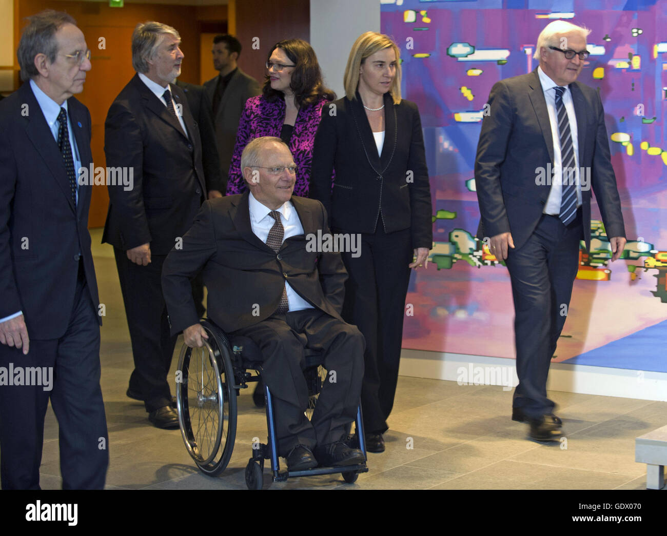 Padoan, Poletti, Schaeuble, Nahles, Mogherini and Steinmeier Stock Photo