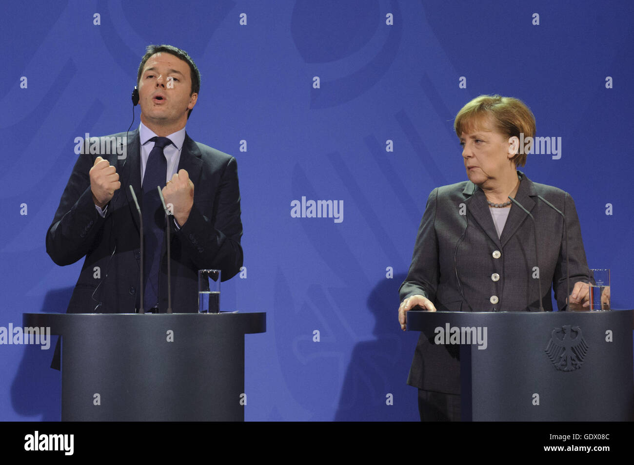 Renzi and Merkel Stock Photo