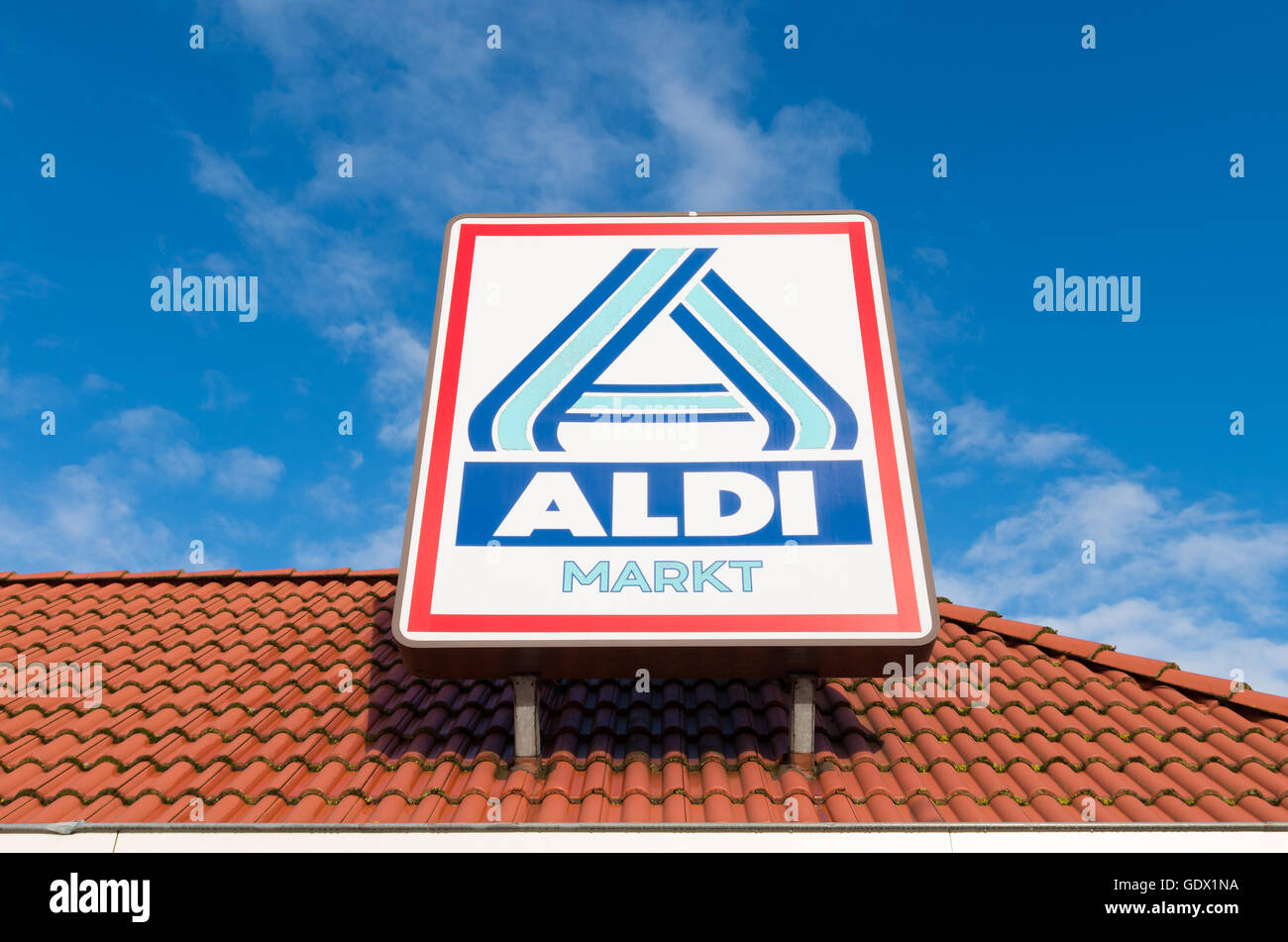 OLDENZAAL, NETHERLANDS - NOVEMBER 3, 2015: Aldi store logo. Aldi is an internationally operating German chain of discount superm Stock Photo