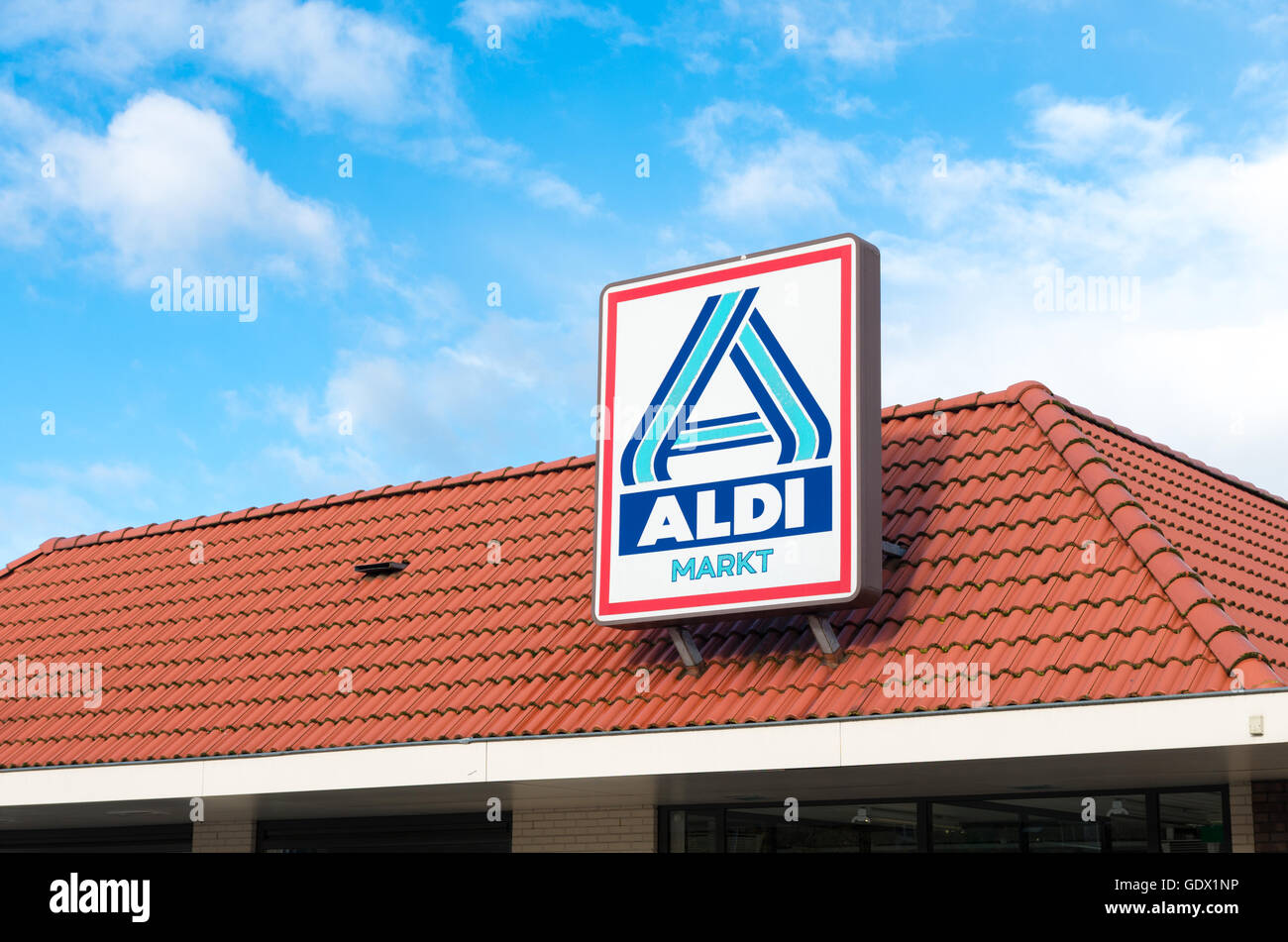 OLDENZAAL, NETHERLANDS - NOVEMBER 3, 2015: Aldi store logo. Aldi is an internationally operating German chain of discount superm Stock Photo