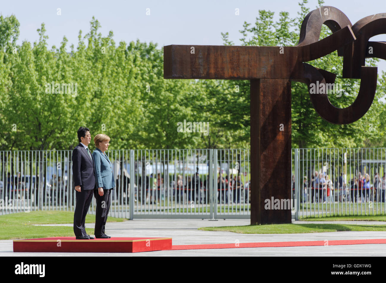 Japanese Prime Minister Shinzo Abe and German Chancellor Angela Merkel at the Chancellery in Berlin, Germany, 2014 Stock Photo