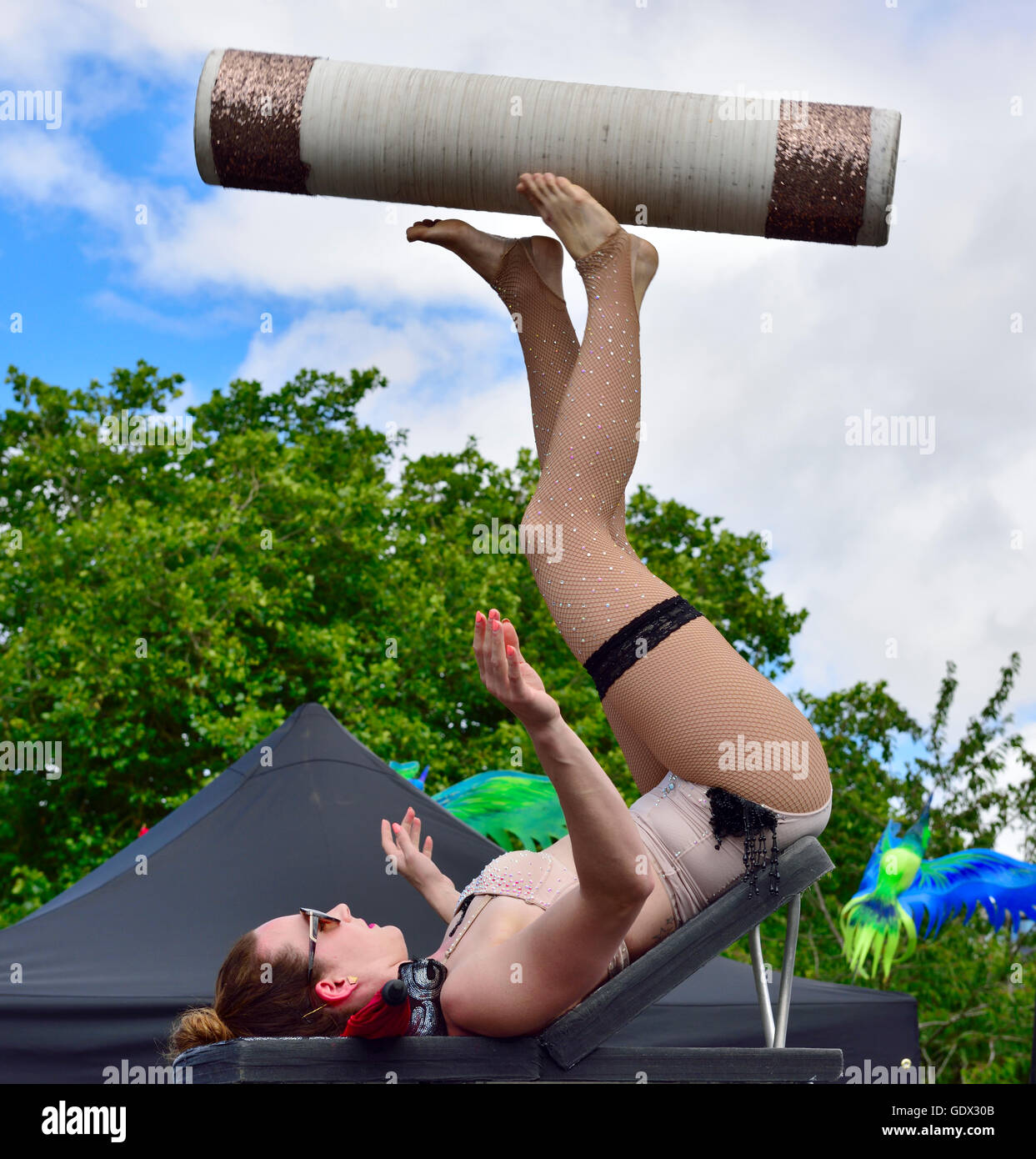 Woman doing circus juggling act at Bristol Harbour Festival July 2016, England Stock Photo