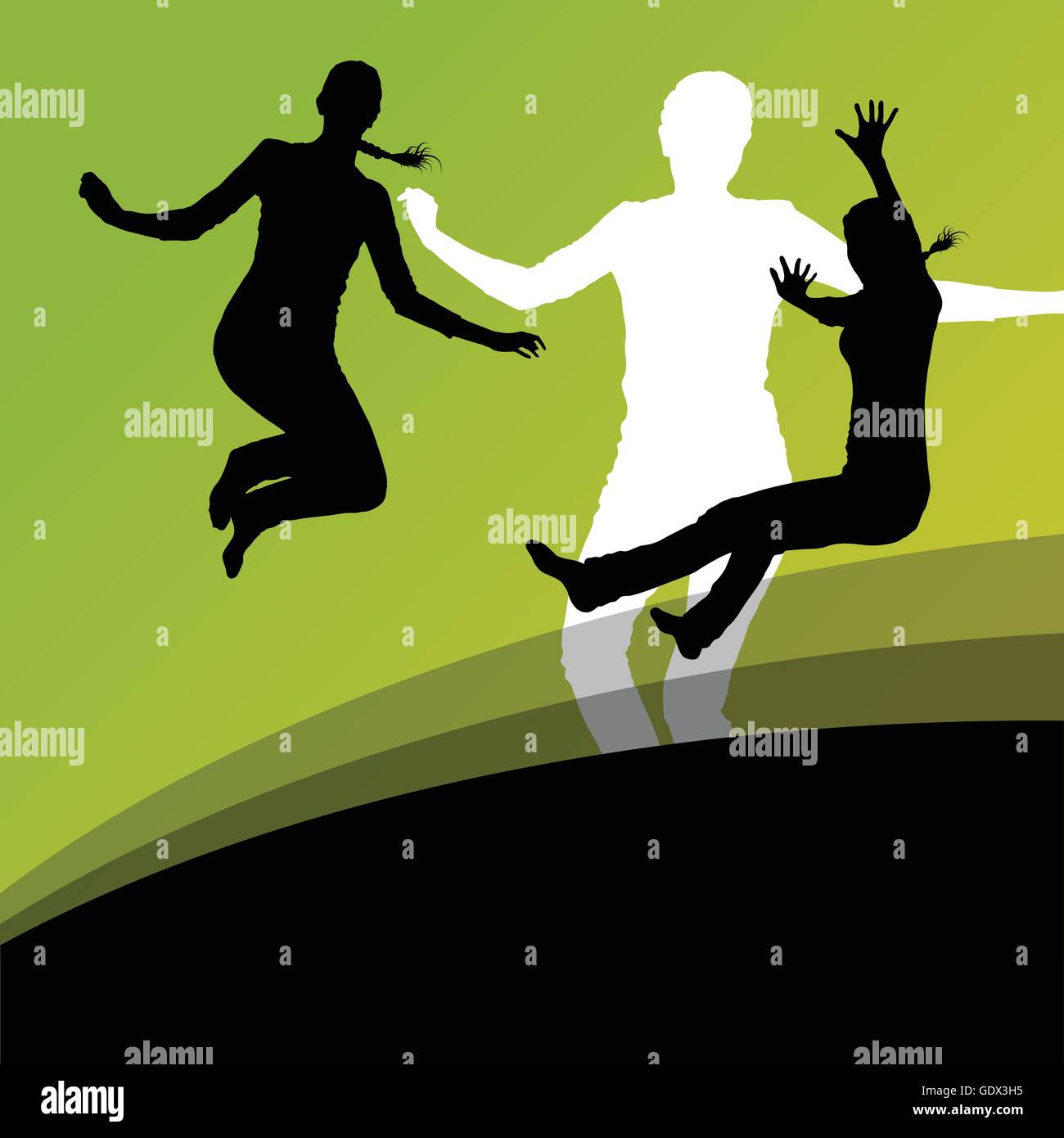Young women active silhouettes jumping in the air abstract background ...