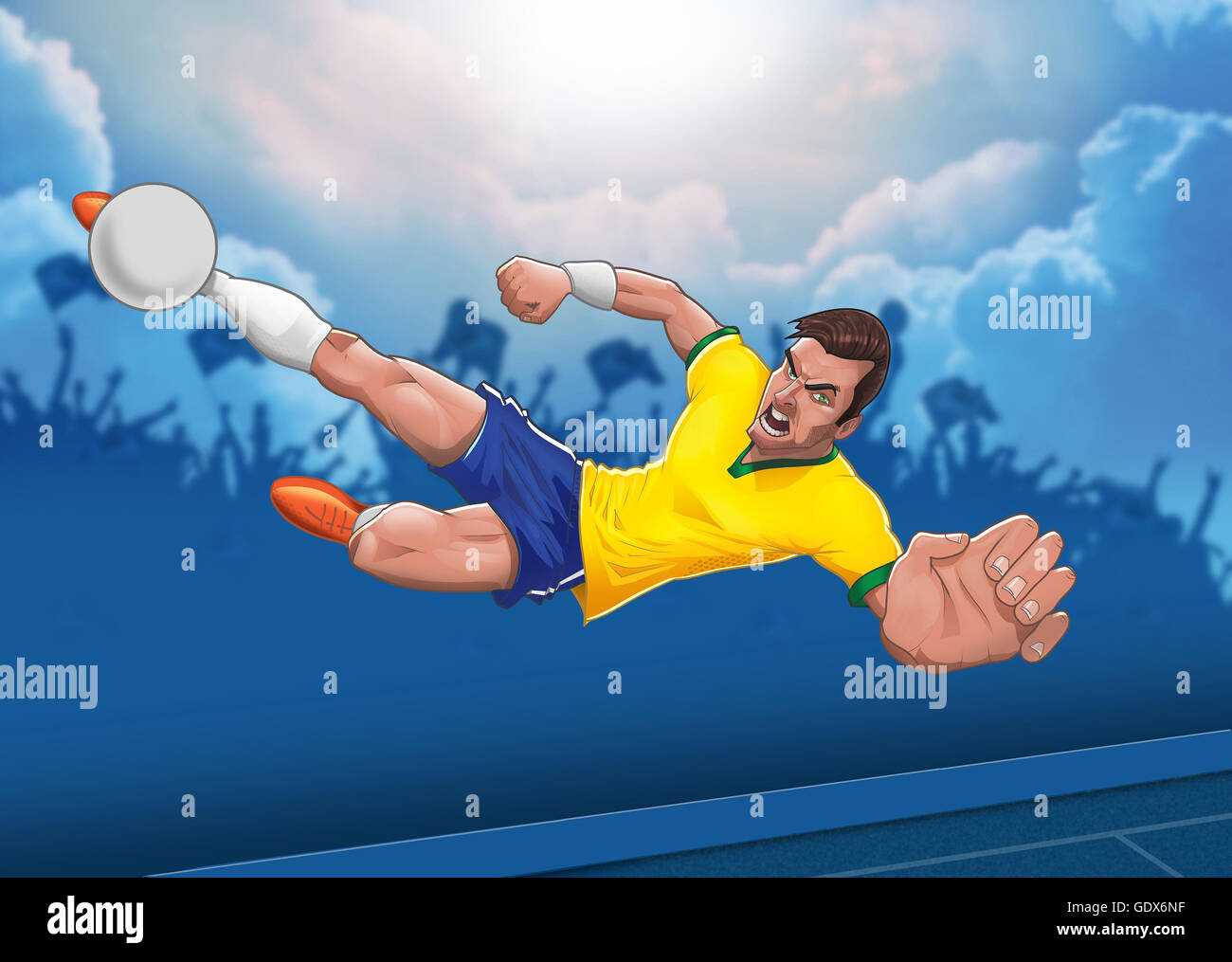 Determined football player executes air born horizontal scissors kick against  blue cloudy sky background illustration Stock Photo