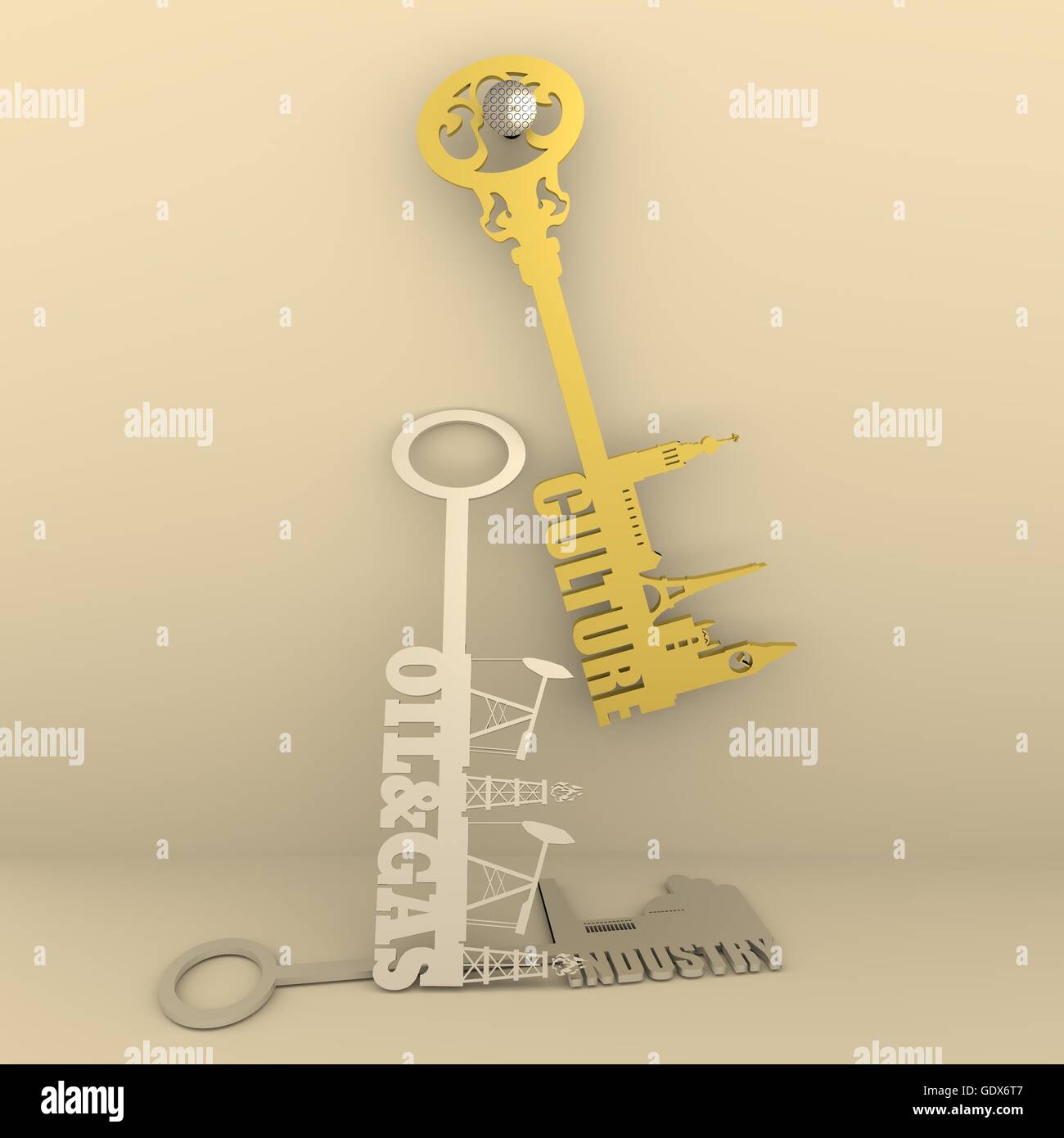 Various keys with landmarks, factory, gas rig and pump jack Stock Photo
