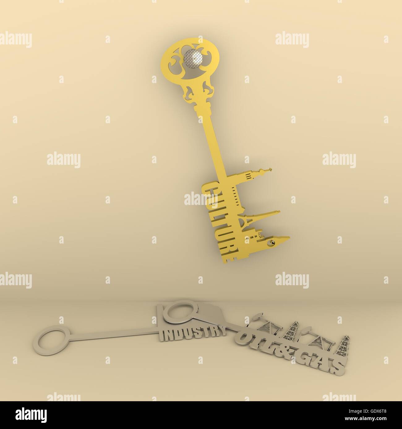 Various keys with landmarks, factory, gas rig and pump jack Stock Photo
