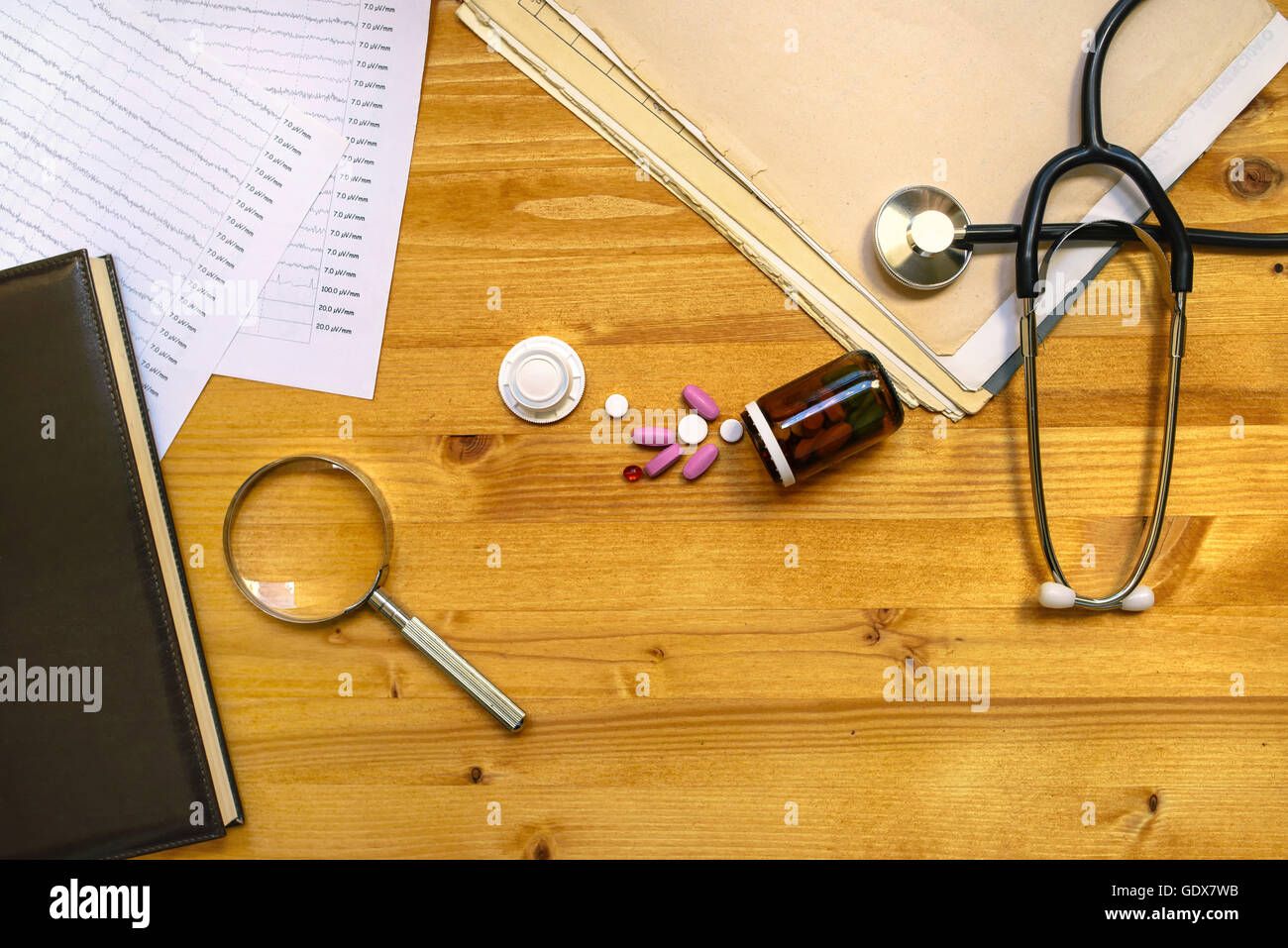 Medical doctor's general practitioner office desk top view as copy space, healthcare still life Stock Photo