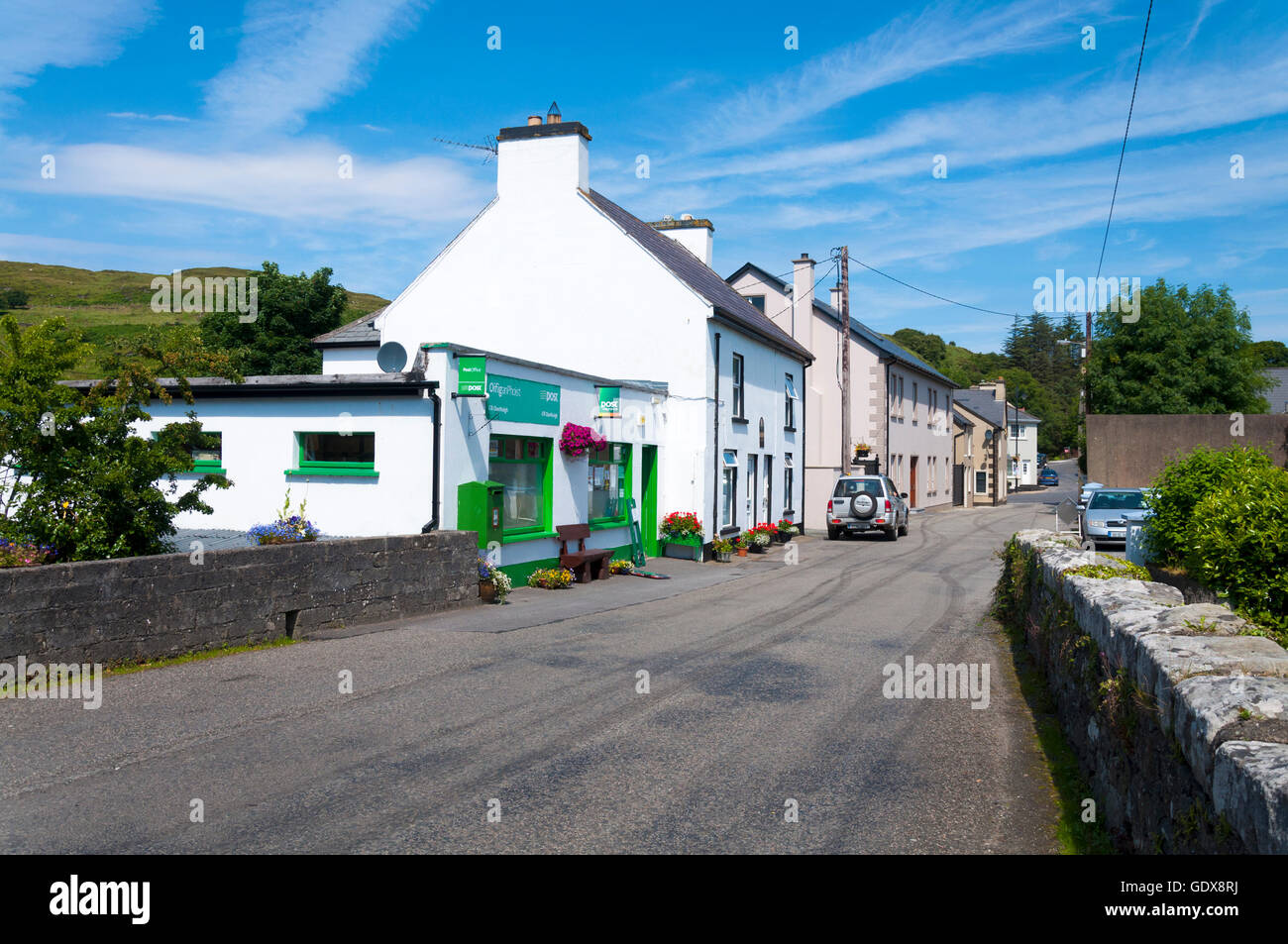 Post office at Kilcar, County Donegal, Ireland. Known as Cill Charthaigh in Irish language Gaelic. Stock Photo