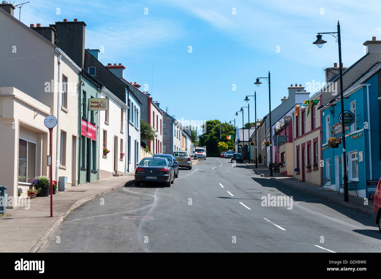 Main street in  Kilcar, County Donegal, Ireland. Known as Cill Charthaigh in Irish language Gaelic. Stock Photo