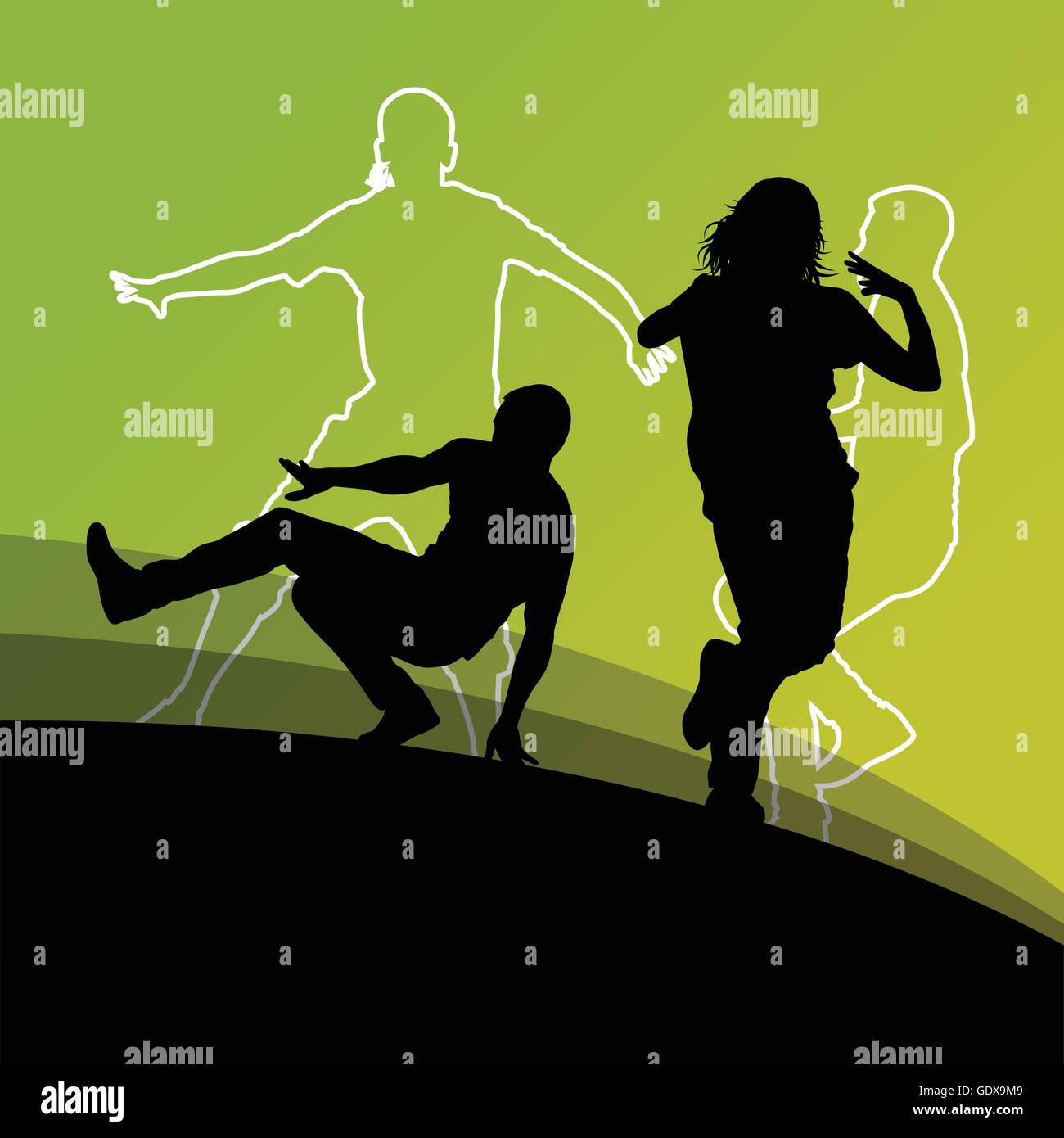 Active young man and woman dancers silhouettes in abstract line ...