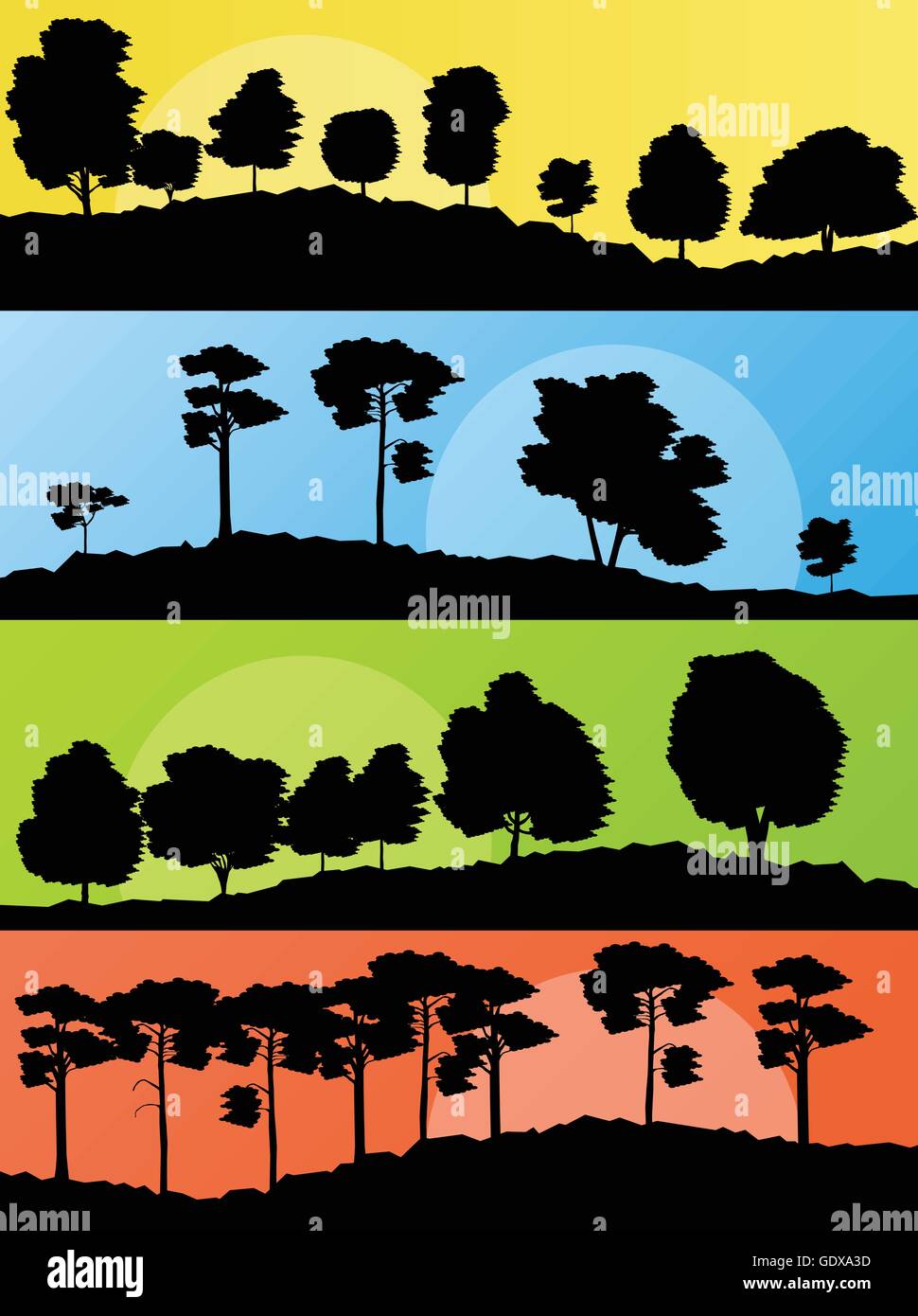 Forest trees silhouettes landscape illustration collection background ...