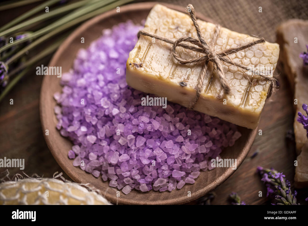 Close up of lavender treatment soap and sea salt Stock Photo