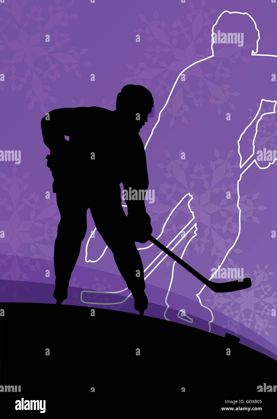 Active young men hockey players sport silhouettes in winter ice and snowflake abstract background illustration vector Stock Vector