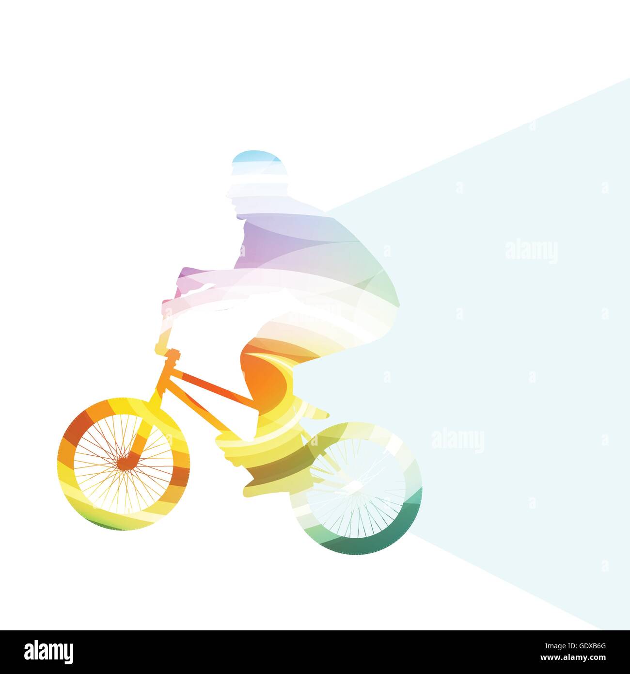 Extreme cyclists abstract bicycle rider silhouette vector background colorful concept made of transparent curved shapes Stock Vector