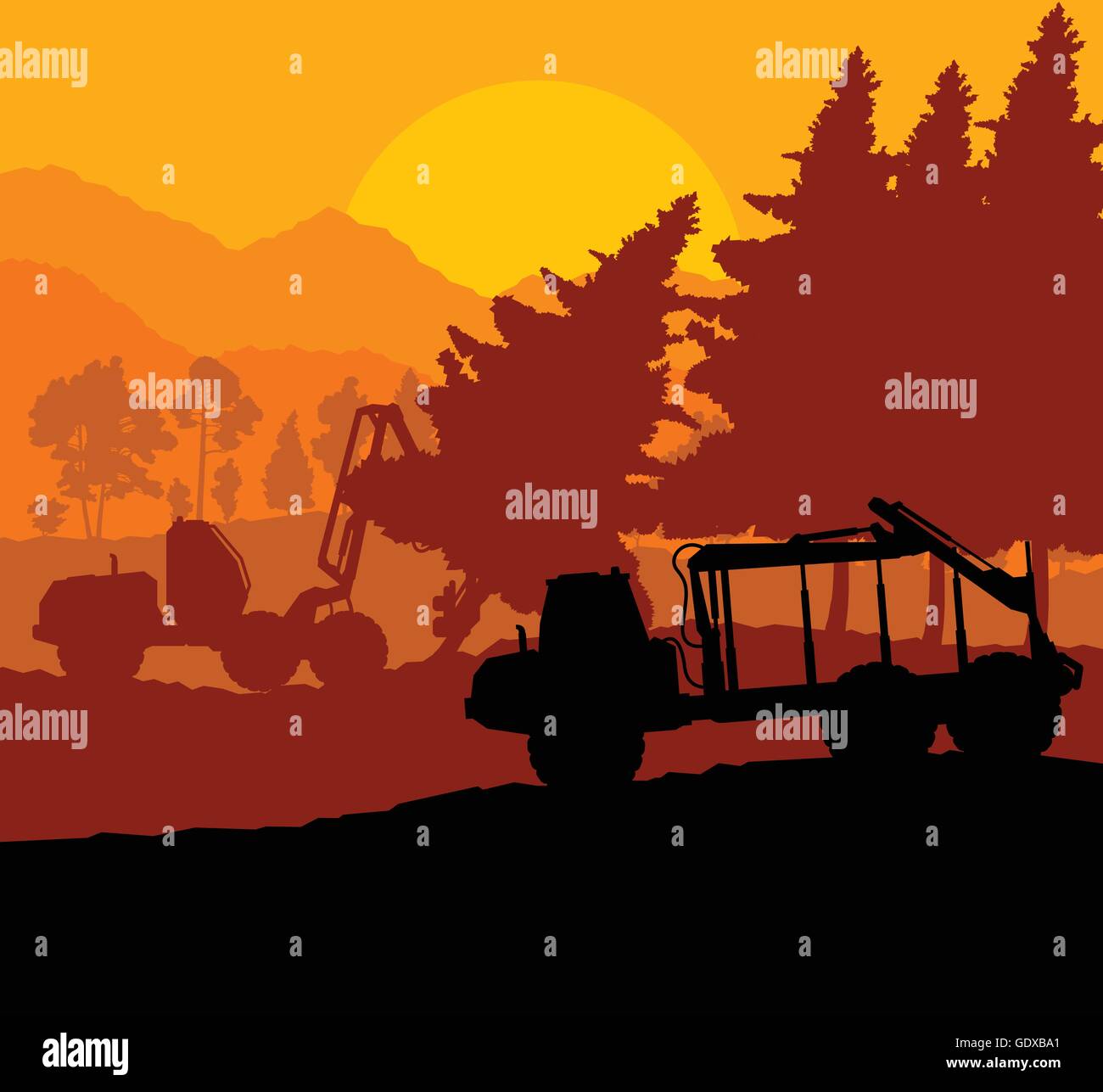 Forest cut down landscape with wood and heavy equipment track Stock Vector