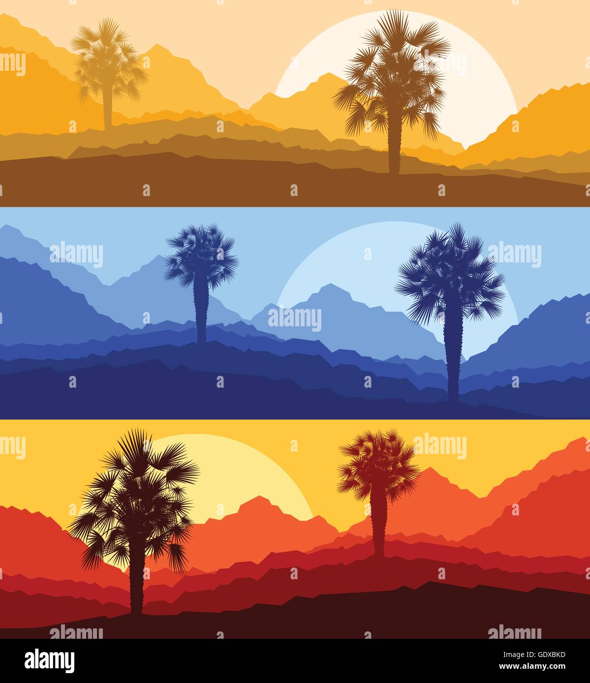 Palms and sun, tropical sunset vector background landscape Stock Vector ...