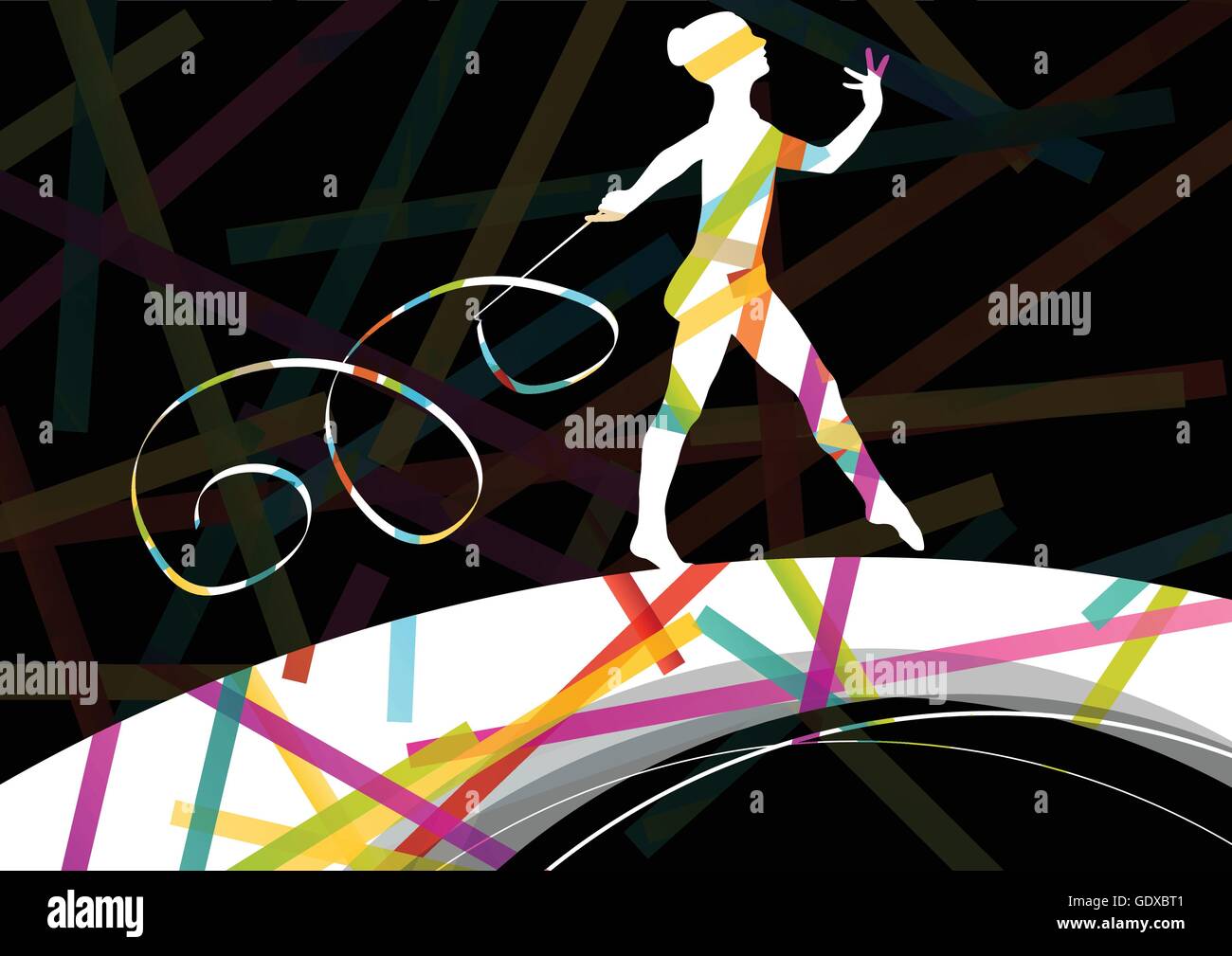 Dancing carnival woman with ribbon silhouette in abstract circus color