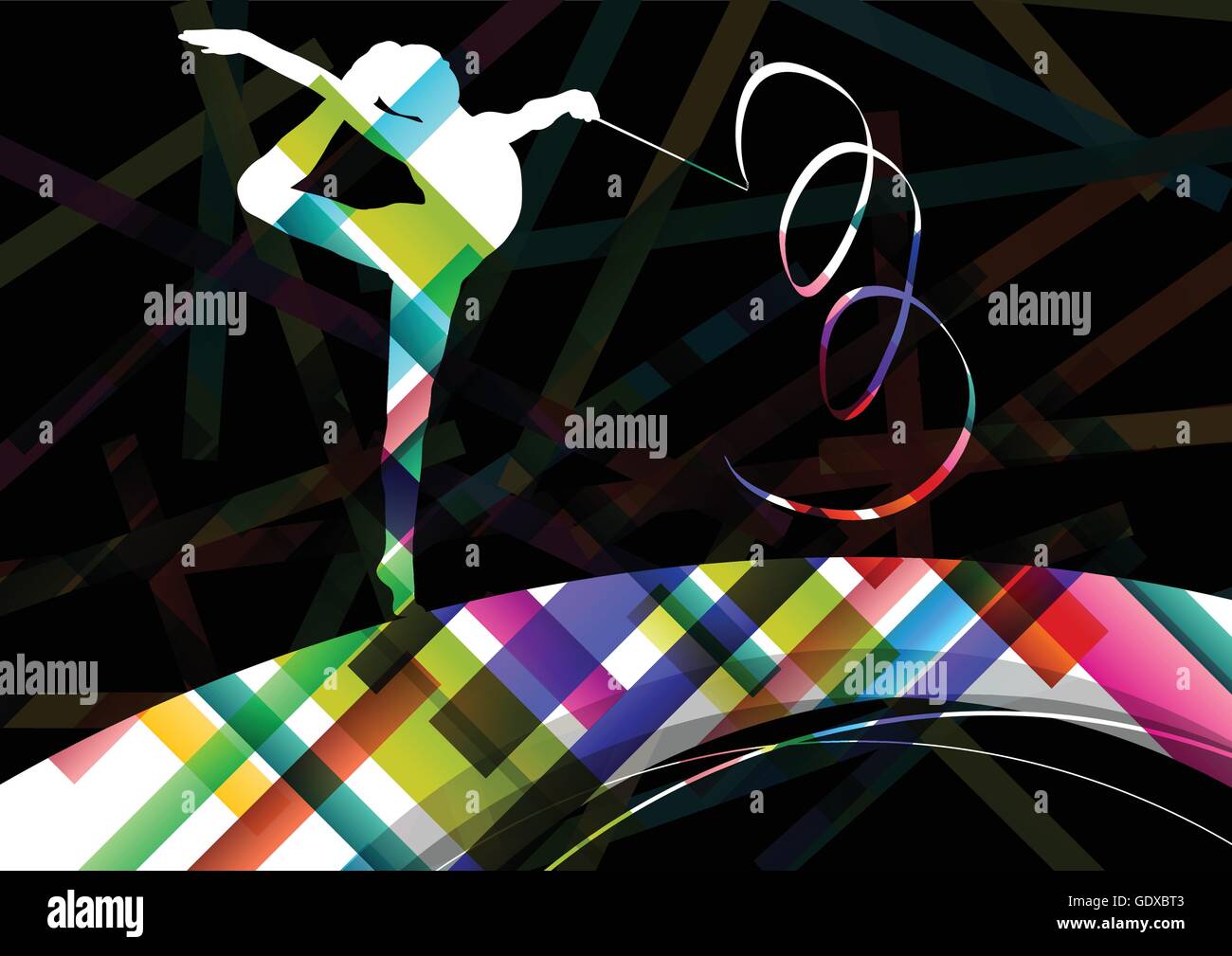 Dancing carnival woman with ribbon silhouette in abstract circus color