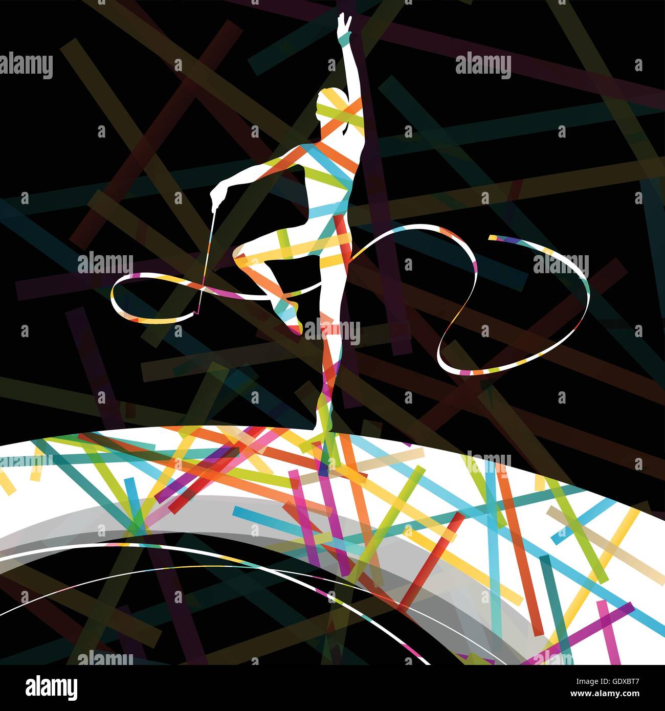 Dancing carnival woman with ribbon silhouette in abstract circus color