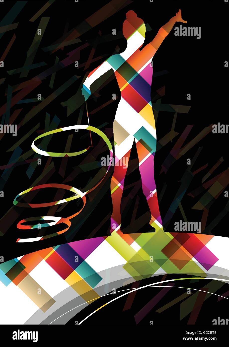 Dancing carnival woman with ribbon silhouette in abstract circus color