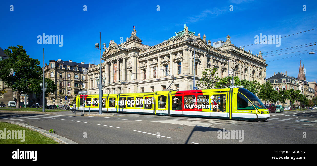 BNU, National University Library and green tram, Strasbourg, Alsace, France Europe Stock Photo