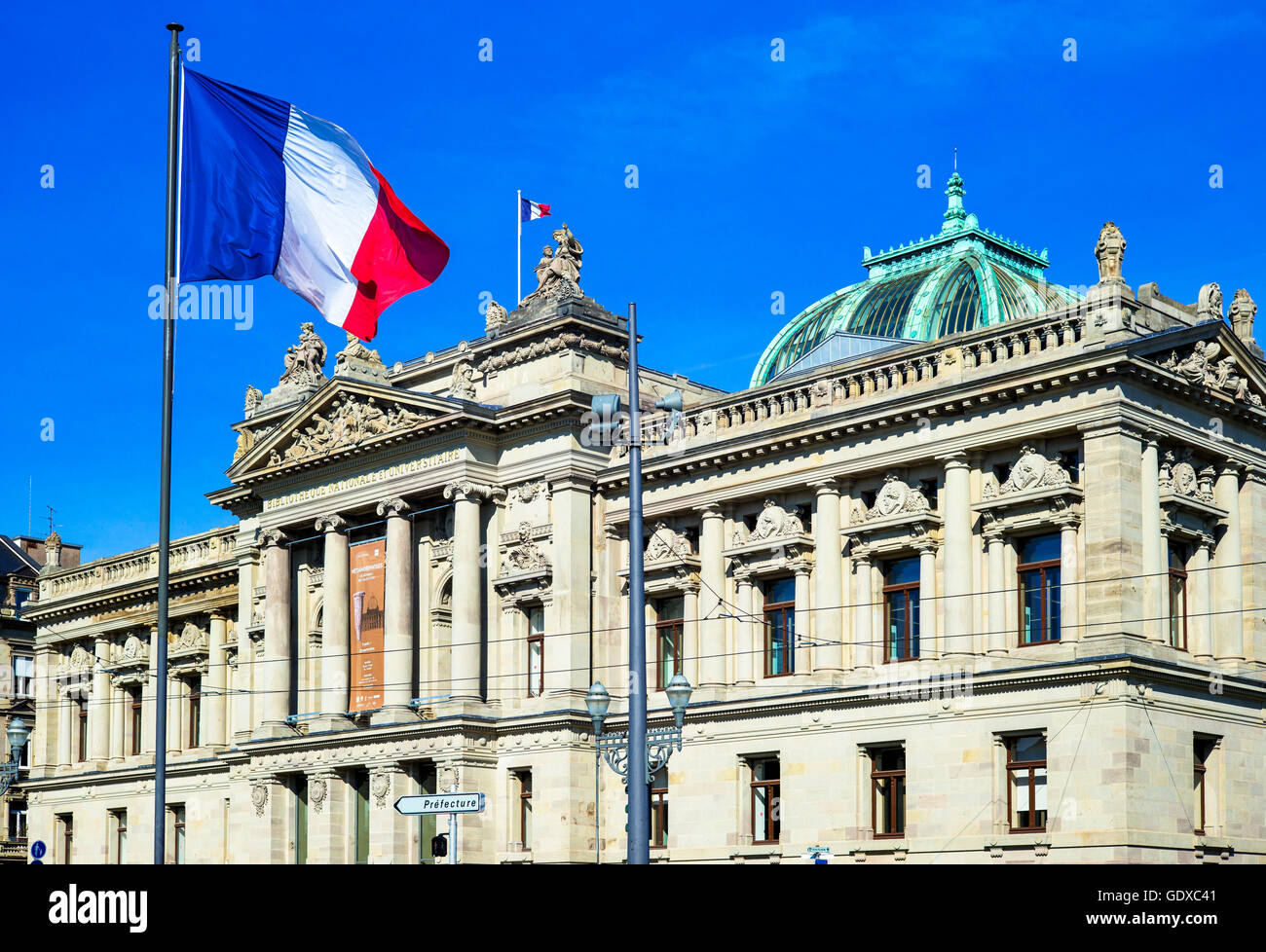 BNU, National University Library, Place de la République square, French flag, Neustadt, Strasbourg, Alsace, France, Europe, Stock Photo