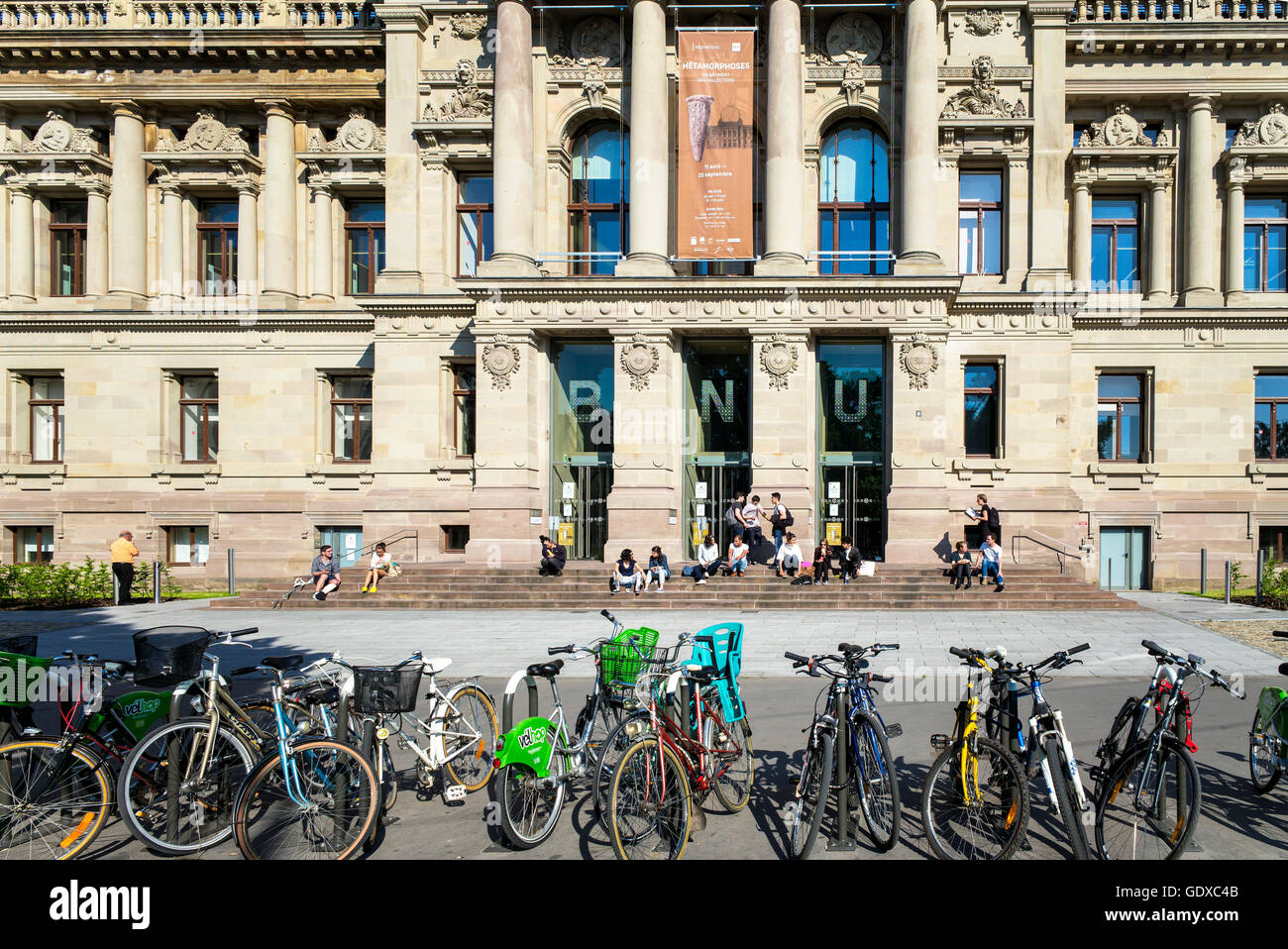 Parked bikes, BNU, National University Library, Place de la République square, Neustadt, Strasbourg, Alsace, France, Europe, Stock Photo