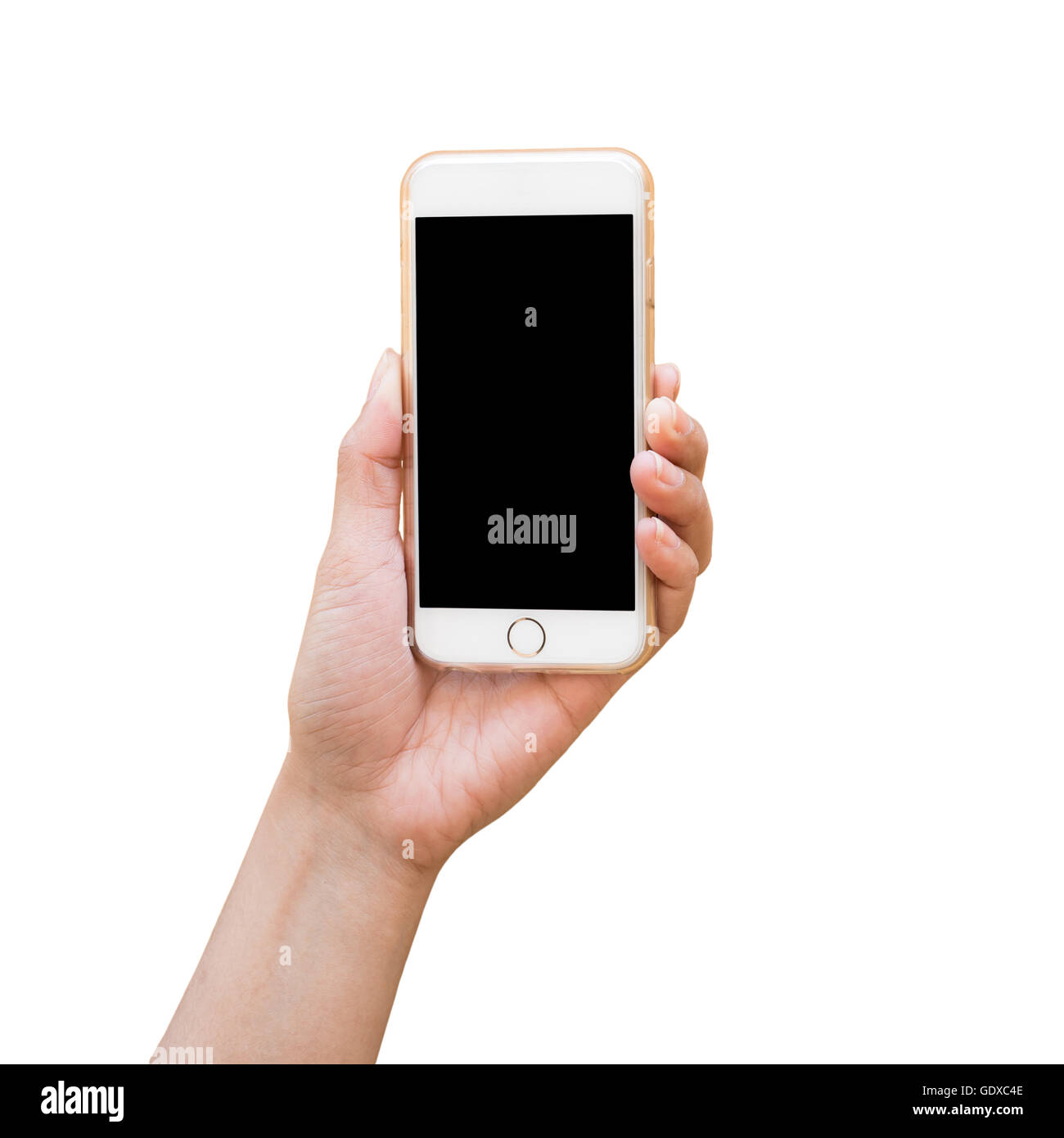 Hand holding white Smartphone on white background Stock Photo