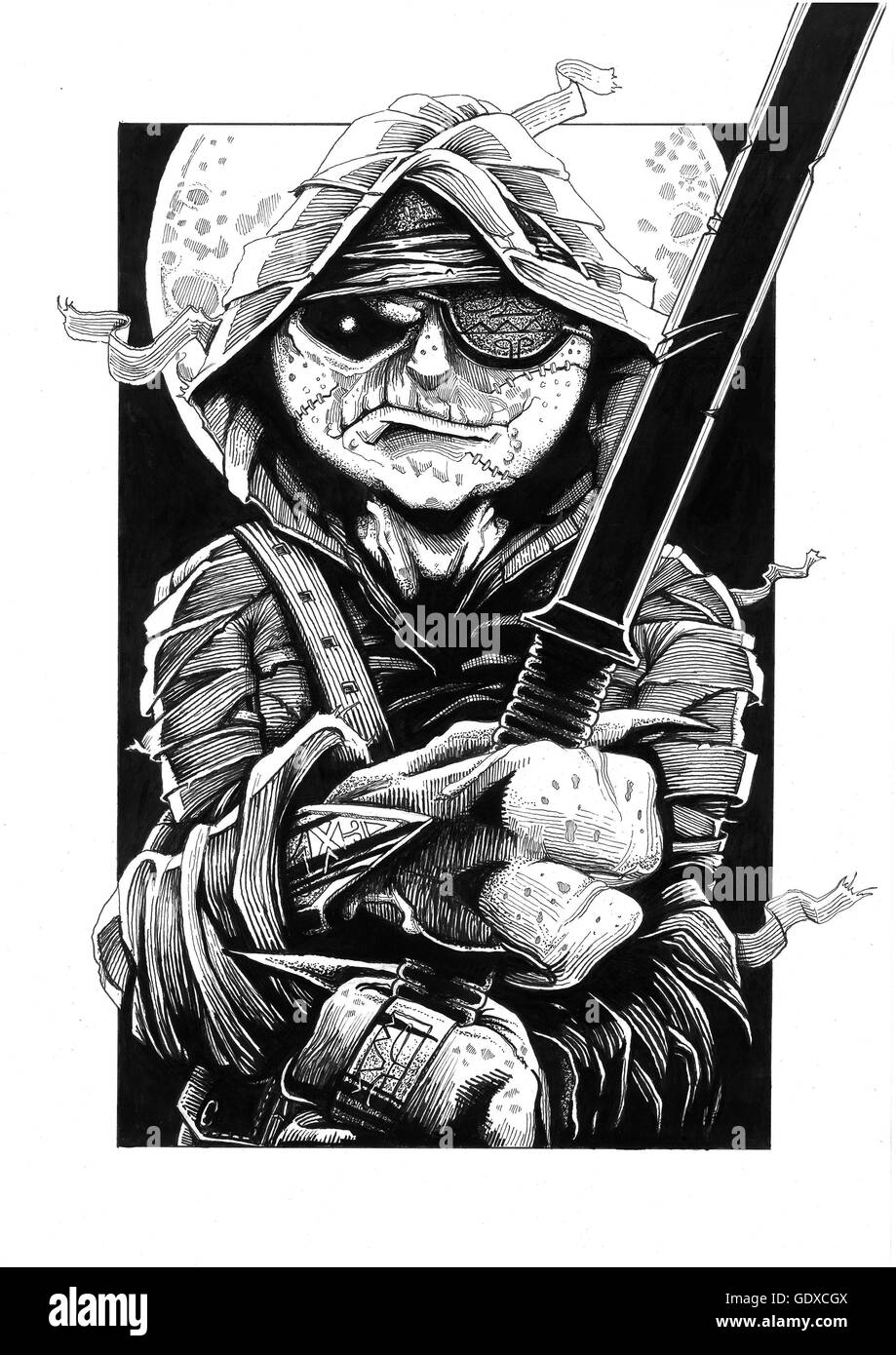 Fierce angry dressed up samurai warrior holding  sword wearing dark glasses  drawing illustration Stock Photo