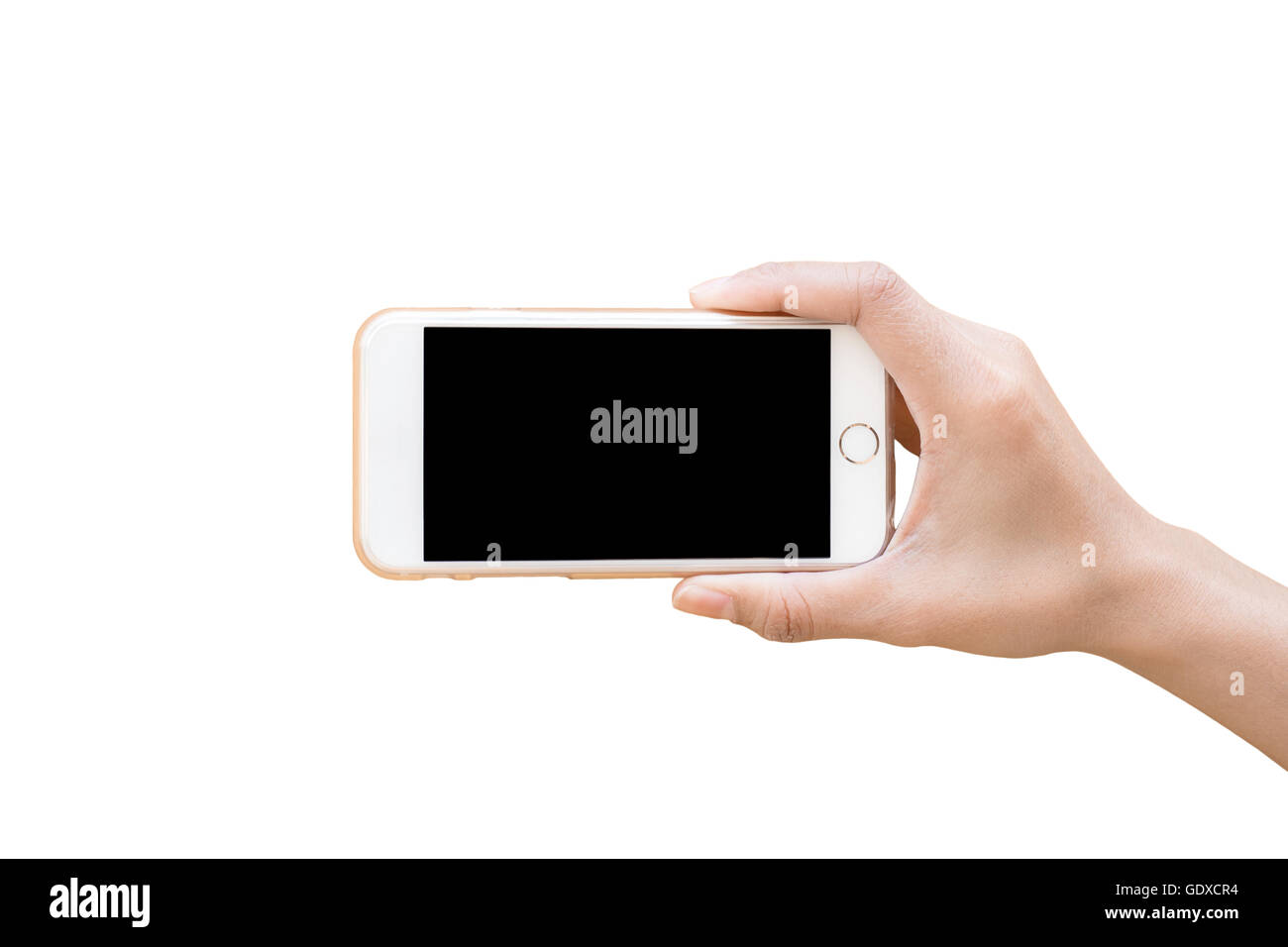 Hand holding White Smartphone with blank screen isolated on white ...