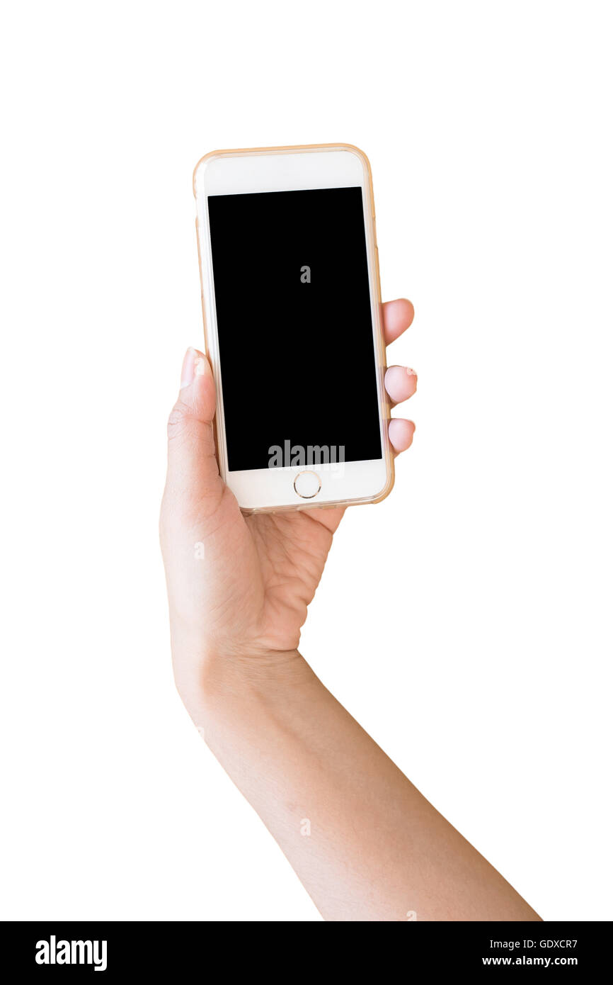 Hand holding White Smartphone with blank screen isolated on white background Stock Photo
