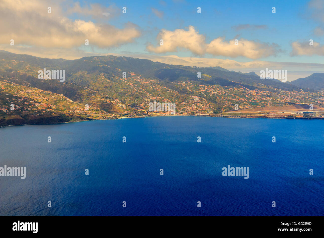 Beautiful aerial view from the plane before landing over Funchal city on Madeira island, Portugal Stock Photo