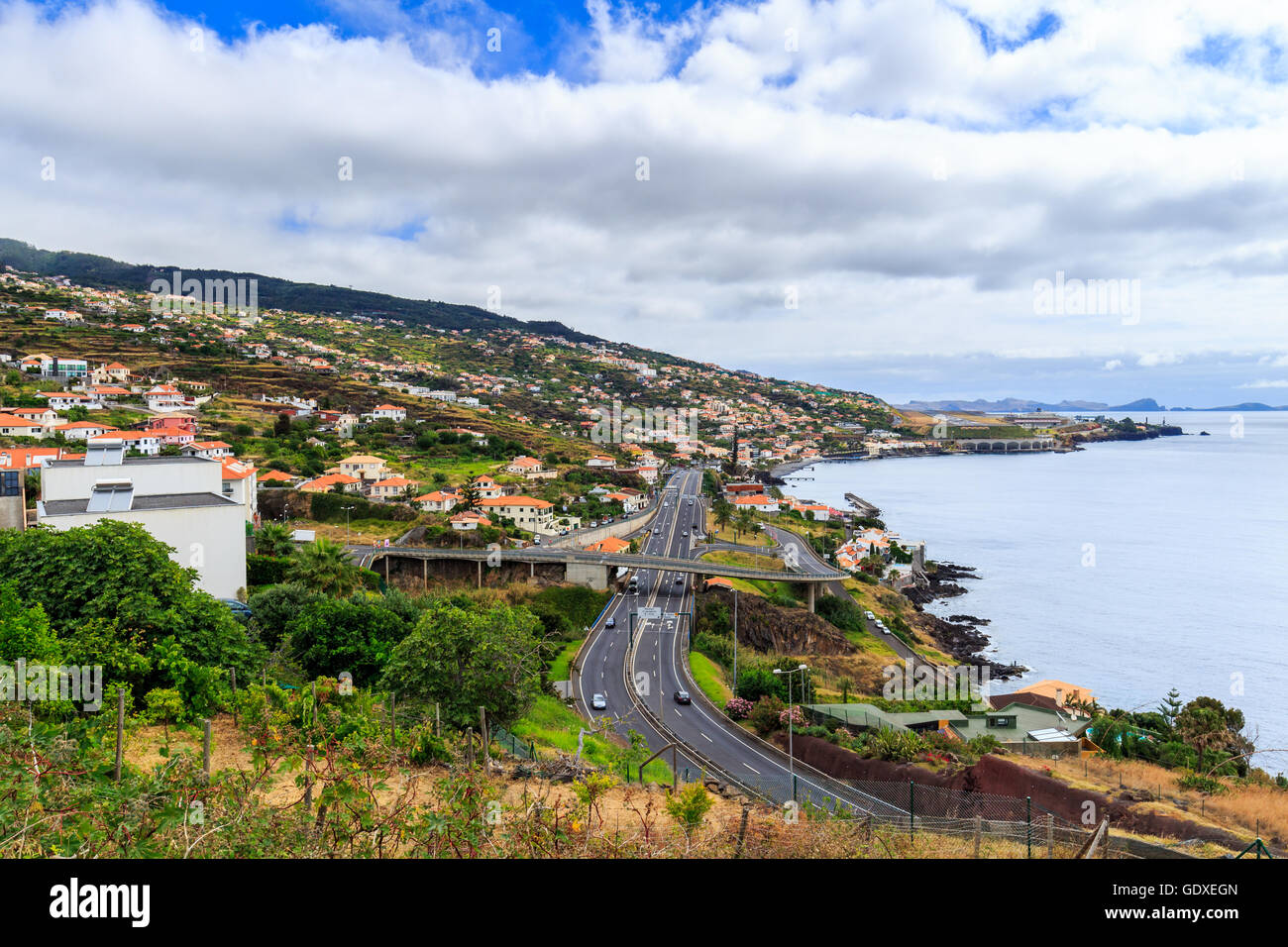 Coastline Madeira with Highway along Santa Cruz and a view at the airport, Madeira, Portugal Stock Photo