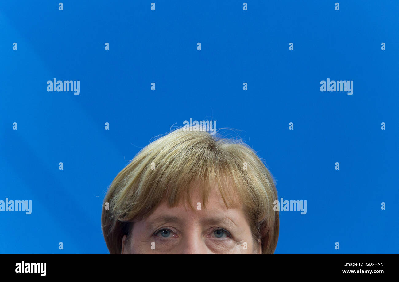 Portrait of German Chancellor Angela Merkel at a press conference in ...