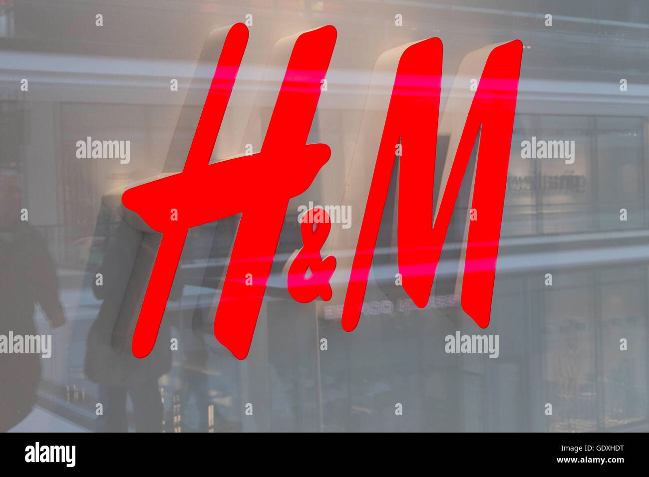 Close up of a H&M logo, Berlin, Germany, 2014 Stock Photo