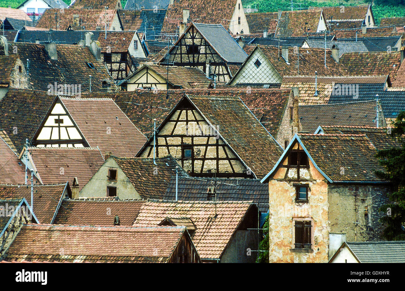 Town centre of Riquewihr  with half-timbered houses, Alsace, France Stock Photo