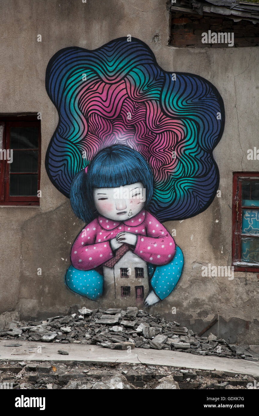 Street art on walls of demolished building. Stock Photo