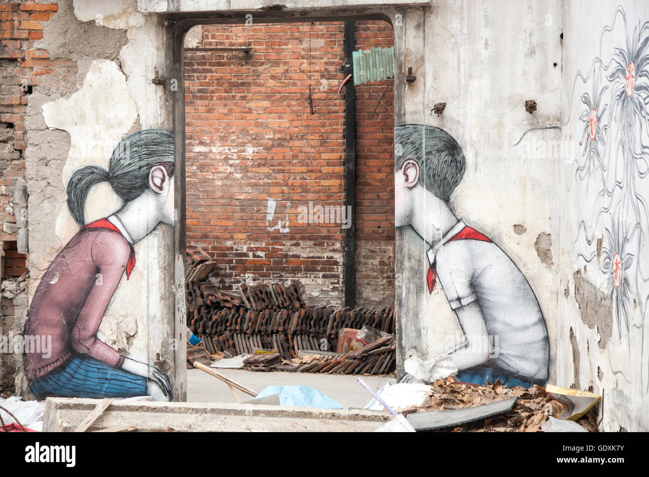 Street art on walls of demolished building. Stock Photo