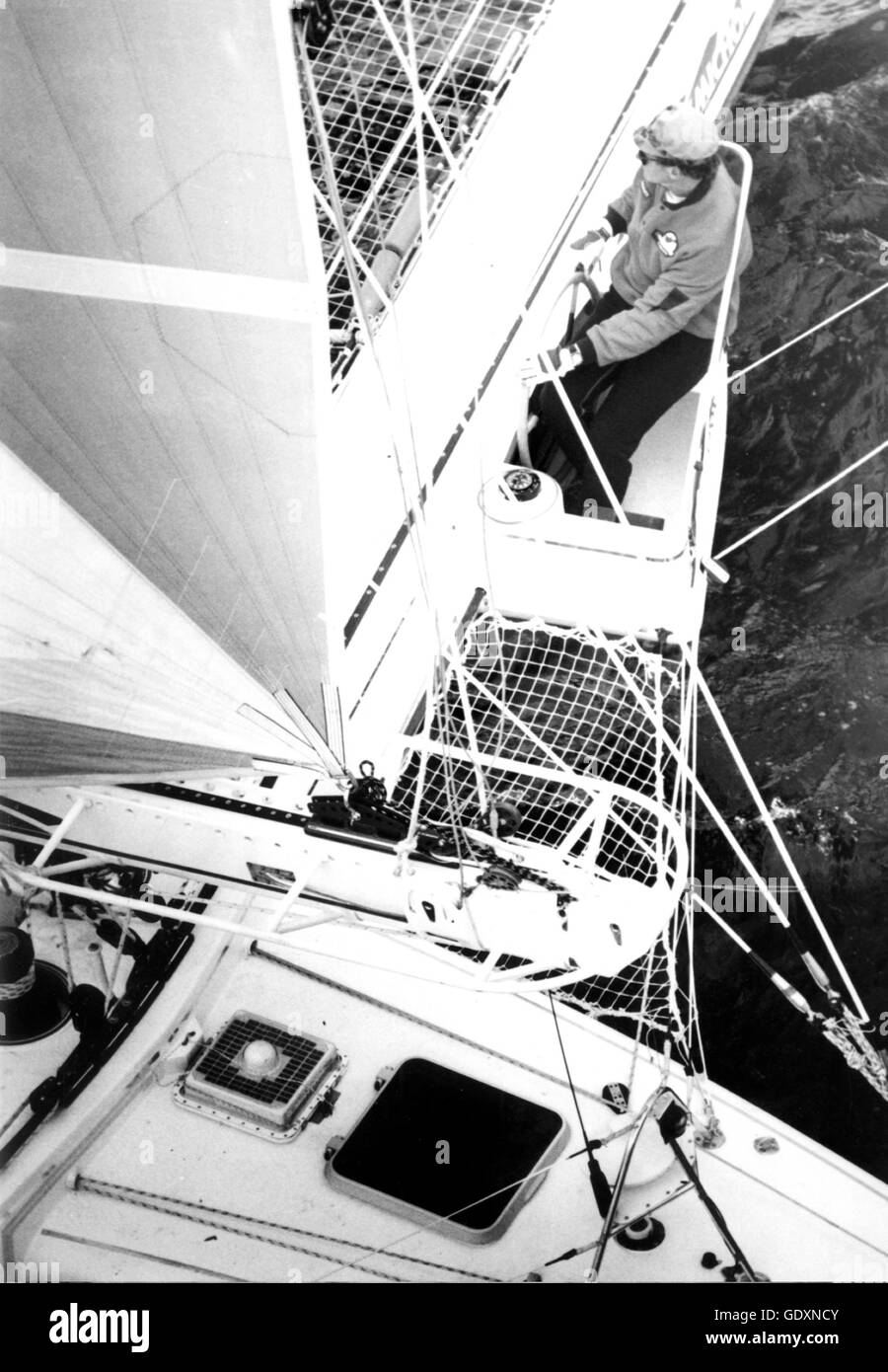 AJAX NEWS PHOTOS. 5TH JUNE, 1988. PLYMOUTH, ENGLAND. - CARLSBERG SINGLE HANDED TRANSAT - COCKPIT VIEW - PHILIPPE POUPON FROM PARIS, PERCHED IN HIS CUSTOM BUILT STEERING COCKPIT ON THE 60FT TRIMARAN FLEURY MICHON AT THE START OF THIS YEAR'S RACE. PHOTO:JONATHAN EASTLAND/AJAX REF:HDD/YA/FLEURY MICHON/TRANSAT 1988 Stock Photo