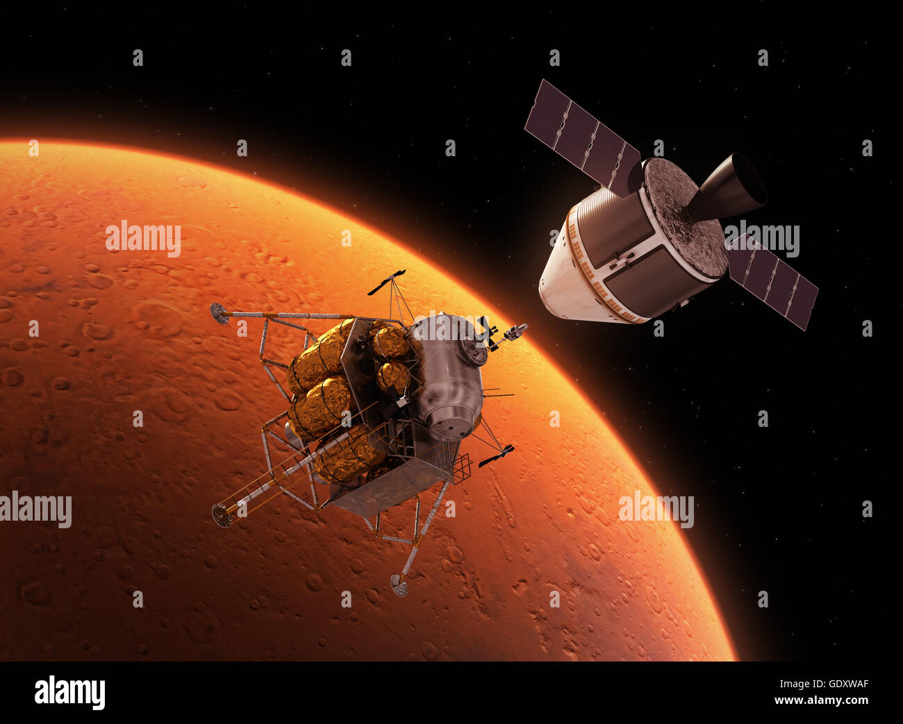 Interplanetary Space Station Orbiting Red Planet Stock Photo