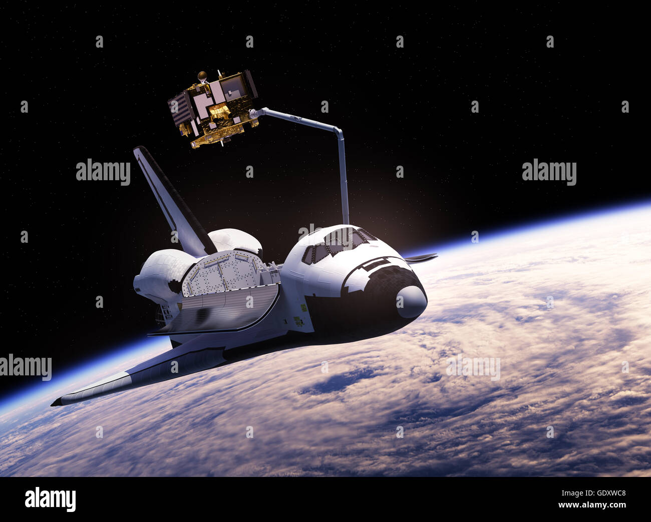 Space Shuttle Deploying Communication Satellite Stock Photo